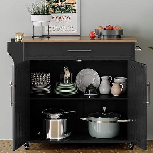 Wood Kitchen Island with Storage, Rolling Kitchen Island On Wheels, Mobile Kitchen Island Trolley Cart Sideboard Cabinet with Towel Rack, Spice Rack, Adjustable Shelf, Wooden Top & Large Drawer, Black