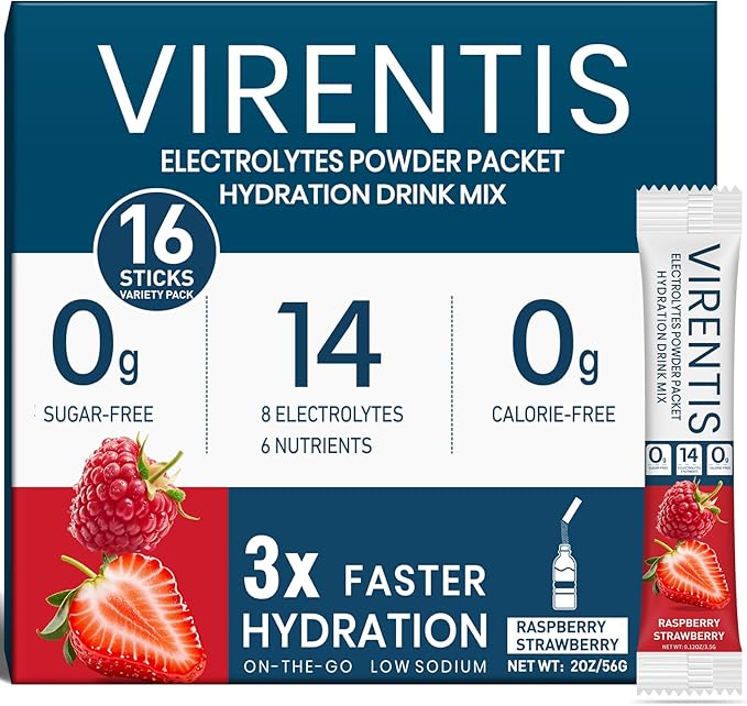 16 Sticks Electrolytes Powder Packets Sugar Free Hydration Packets Liquid Daily IV Electrolyte Drink Mix for Rehydration with 8 Electrolytes & 6 Vitamins, Low Sodium, Raspberry Strawberry