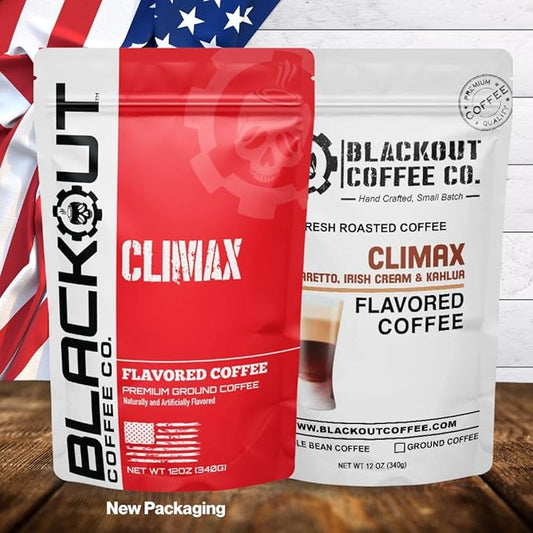 Blackout Coffee Climax Amaretto, Irish Cream & Kahlua Flavored Ground Coffee – Medium Roast, Smooth Taste, Guilt-Free Indulgence – Freshly Roasted 12oz Bag.