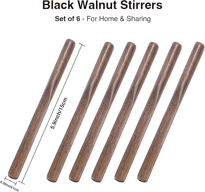 FEUNLEM Black Walnut Wood Coffee Stirrers, 6Pcs 6 Inch Reusable Stir Sticks for Coffee, Tea, Milk, Espresso, Peanut Butter Spreader, Multifunctional Wooden Stirrers with Smooth Finish (Brown, 6pcs)