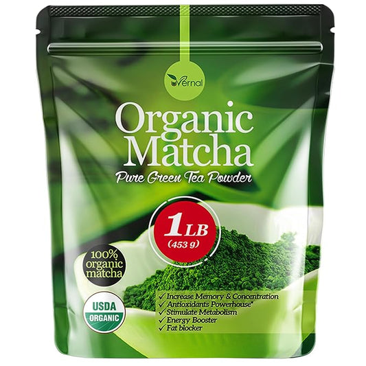 Organic Matcha Green Tea Powder (1 Lb) - 100% Pure Matcha for Smoothies Latte and Baking - Easy to Mix - Kosher Pareve