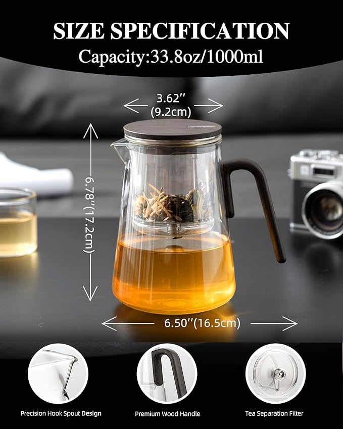 ZENS Magnetic Tea Pot, Large Enchanted Glass Teapot with Infuser and Magnetic Suction Lid for Mess-Free Loose Tea Diffusers, Black Walnut Pattern Handle, Tea Lovers Gifts