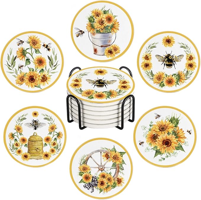 Drink Coasters for Drinks Set of 6, Watercolor Sunflower Cute Bee Absorbent Round Ceramic Stone Mat, with Cork Base and Metal Holder, Home Bar Decor House Warming Gift