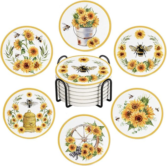 Drink Coasters for Drinks Set of 6, Watercolor Sunflower Cute Bee Absorbent Round Ceramic Stone Mat, with Cork Base and Metal Holder, Home Bar Decor House Warming Gift
