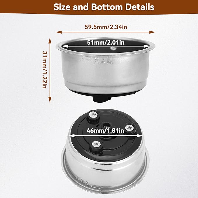 51mm 2 Cups Portafilter Filter Basket, Stainless Steel Pressurized Mesh Coffee Filters Bottomless Portafilter Coffee Machines Accessories for Semi-Automatic Coffee Machine Series(2 Cup)