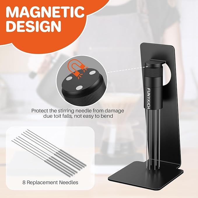 FUNYKICH WDT Tool Espresso Distribution Tool with Magnetic Stand for Barista, Adjustable Range Coffee Needle Stirrer, 304 Stainless Steel 8 Needles 0.4mm with 8 Extra Needles for Consistent Extraction