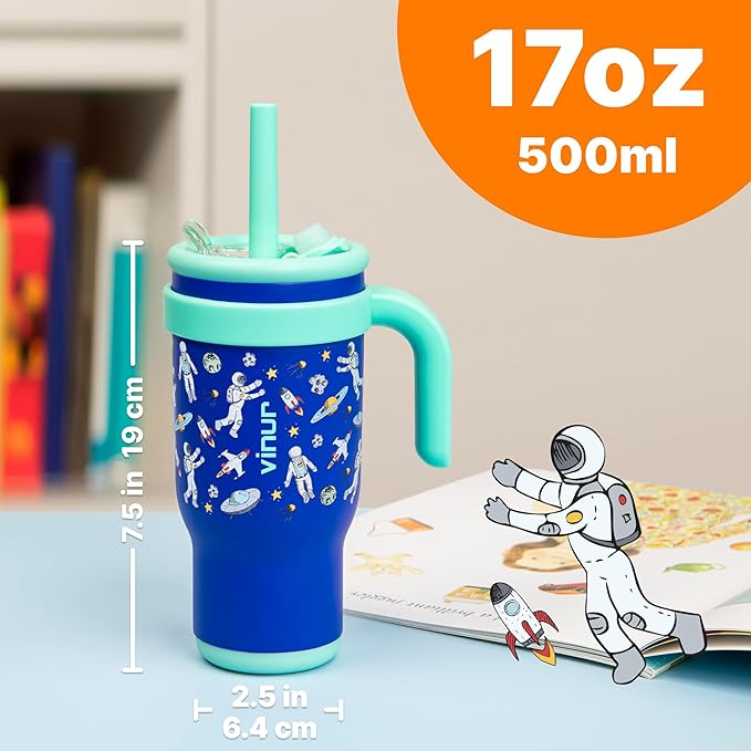 VINUR 17 oz Tumbler for Kids-Stainless Steel Double Wall Vacuum Insulated Tumbler with Handle, Leak Proof Water Cup with Lid and Straw (Astronaut)