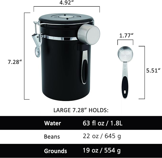Kmass Kmaxx 2pack 22oz Airtight Stainless Steel Coffee Canister Food Storage Container with Date Tracker and Measuring Scoop for Coffee Beans or Grounds, Tea, Sugar, Rice (BLACK)