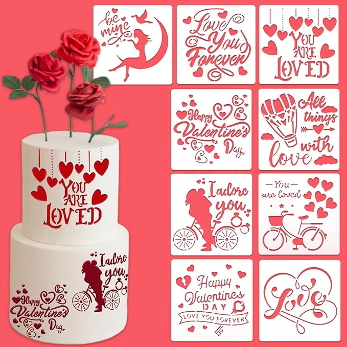 Valentines Day Cake Stencils Kit Reusable Cookie Coffee Stencil Drawing Template for Dessert Buttercream Painting Envelopes DIY Crafts Wall Floor Decor (9 Pcs Love Words)
