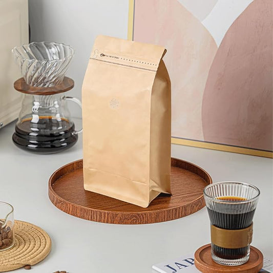 50 Pcs 0.5lb Kraft Paper Brown Long Coffee Bean Bags with Valve, Easy Tear Open & Repeating Sealed Zipper, Heat-Seal Stand Up & Flat Bottom Coffee Bag, 8oz Capacity 5.1x7.8 Inch