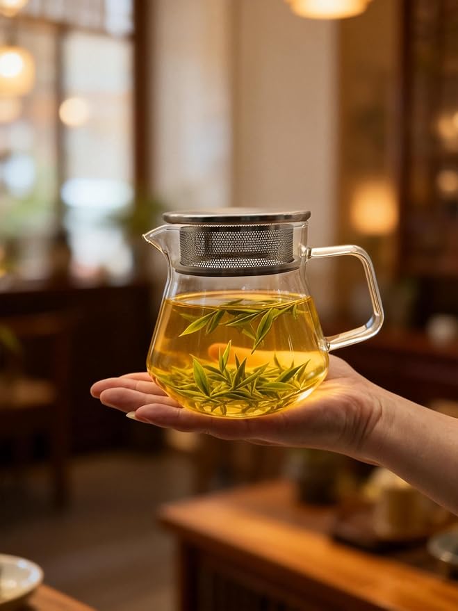 CNGLASS Small Glass Teapot with Stainless Steel Filter Lid,15oz(450ml) Glear Tea Kettle Stovetop Safe,Borosilicate Glass Tea Pots for Blooming and Loose Leaf Tea