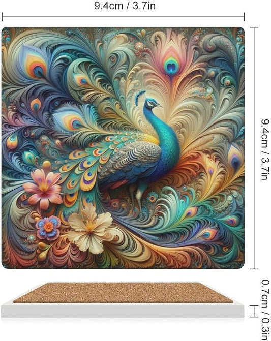 Square-4PCS Peacock Drink Coasters, Square Modern Ceramic Absorbent Coasters, Beautiful Colorful Floral Peacock Art Pattren Decor Desk Coffee Table Coaster for Beverage Cup Tea Coasters