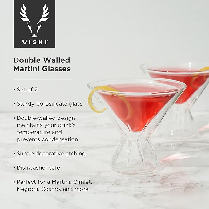 Viski Double Walled Cocktail Glasses - Insulated Martini Glasses with Cut Crystal Design - Dishwasher Safe Borosilicate Glass 8.5oz Set of 2