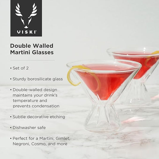 Viski Double Walled Cocktail Glasses - Insulated Martini Glasses with Cut Crystal Design - Dishwasher Safe Borosilicate Glass 8.5oz Set of 2