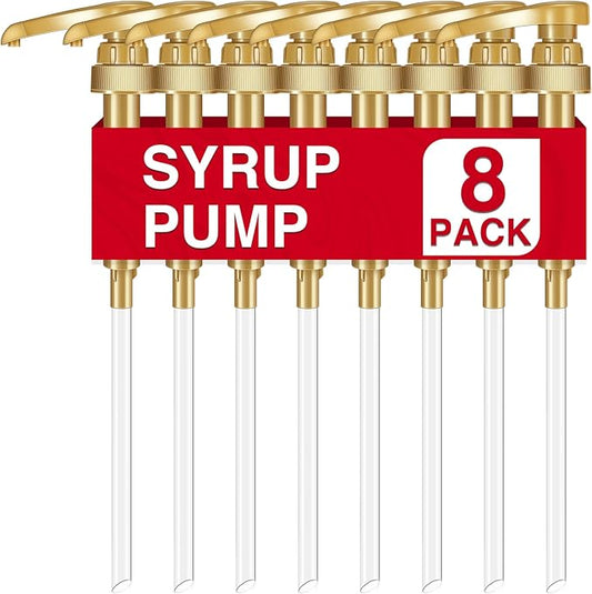 VOISEN Coffee Syrup Pumps, 8 Pack Gold Syrup Pump, Skinny Syrup Pump for 750ml 25.4oz Syrup Bottle, Syrup Pump Dispenser for Kitchen Dinning Coffee Bar Drinking Mixes,Davinci,Jordans