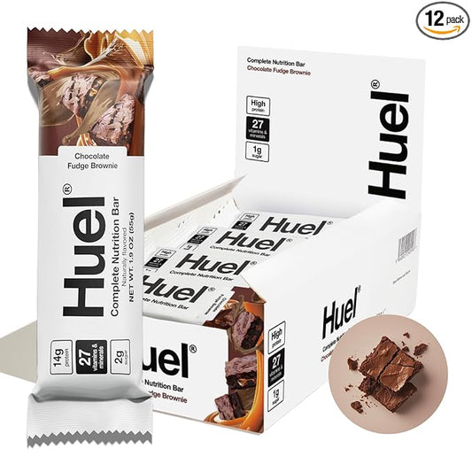 Huel Complete Nutrition Vegan Protein Bars | Fudge Brownie | 13g Protein | 27 Vitamins & Minerals, 2g Sugar, Non-GMO, 100% Plant Based Snack | 12 Pack