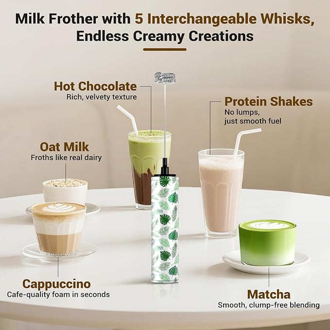 Milk Frother Handheld Rechargeable - 2-Speed Electric Whisk with 5 Detachable Heads (Frother/Mixer/Whisk) for Coffee, Latte, Cappuccino & Matcha, Drink Mixer (Flower 12)