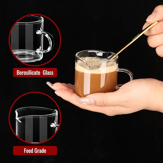 2 Pack Espresso Cups 4 OZ, Double Spouts Cups with Handle and 2 Stainless Steel Spoons, Espresso Shot Glasses, Milk Cup, Clear Glass for Espresso Machine