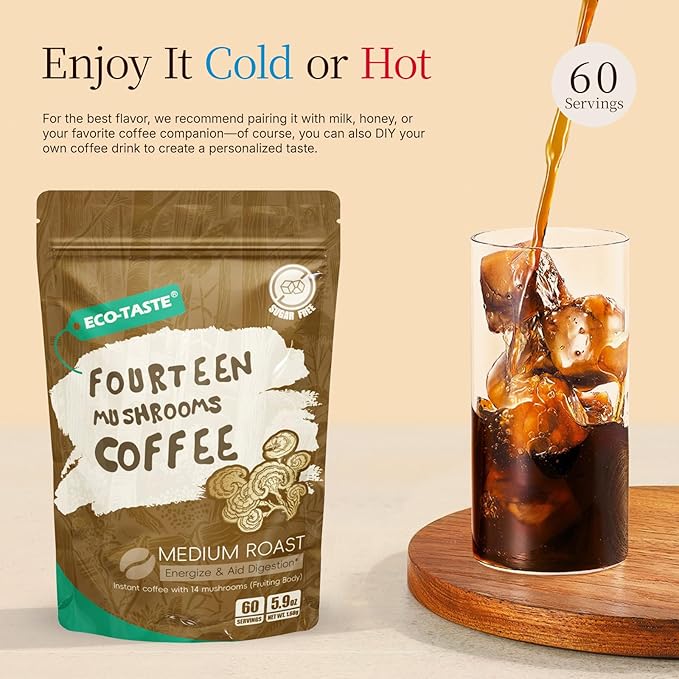 Mushroom Coffee 14 in 1 with Log-Grown Mushrooms | 30% Beta-Glucans Lab-Verified | 60 Servings for Focus & Gut Health | Sugar-Free with Lion's Mane, Chaga, Reishi | 5.9oz