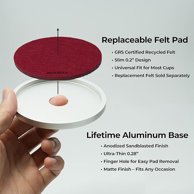Absorbent Coasters with 1 Aluminum Base & 3 Felt Pads - 4 Inch, Replaceable Inserts, Non-Slip Metal Coaster for Hot/Cold Drinks, Home/Office/Bar Use (Holly Berry Red)