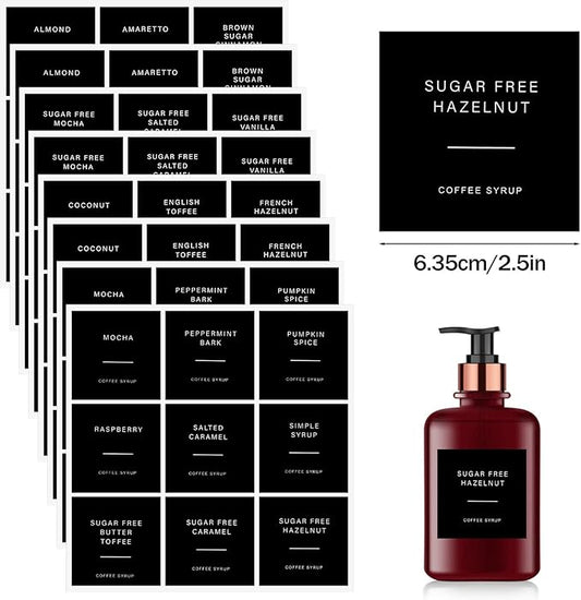 72pcs Coffee Syrup Labels for Glass Bottles, Coffee Labels Stickers for Coffee Bar and for Syrup Dispenser Drinking Bottle Glass Cups Organization, Black