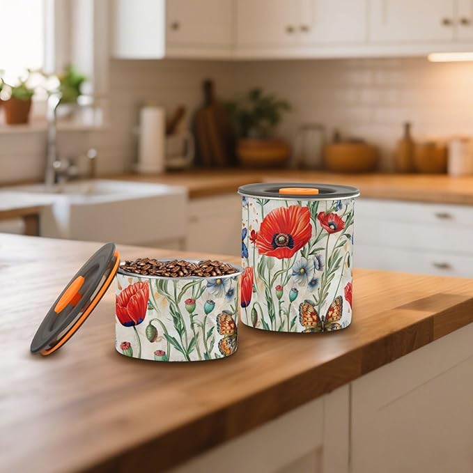 ALAZA Red Poppy Flowers Butterfly Airtight Coffee Bean Canister 500ml Food Storage Containers with Lids For Gournd, Tea, Sugar, Flour, Rice, Cereal, Candy Cookie Jar