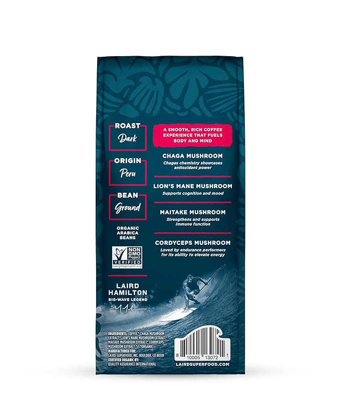 Laird Superfood Peruvian Dark Roast Coffee with Functional Mushrooms, Certified Organic Peruvian Ground Coffee Beans, Gluten-Free, Dairy-Free, Non-GMO, Paleo, Keto Friendly, 12 oz. Bag