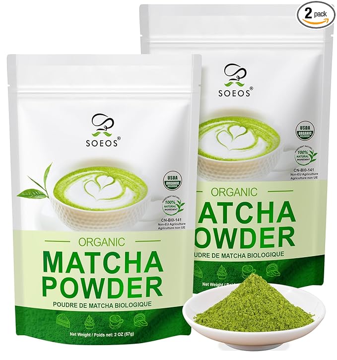 Soeos Organic Matcha Powder, Matcha Green Tea Powder, 2 oz (2 Pack), Total 4 oz, Antioxidant-Rich Japanese Matcha for Lattes, Smoothies and Baking, Recyclable Bags