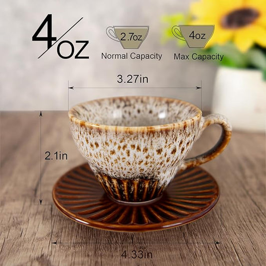 YINUOWEI 4 oz Espresso Cups Set of 2, Ceramic Cappuccino Cups with Saucers, Durable Porcelain Tea Set & Modern Coffee Cup Collection, Coffee Lover Gifts, Glazed White