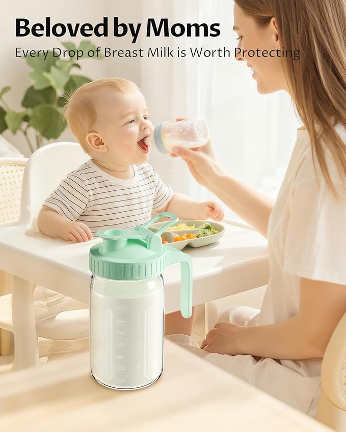 32oz Breast Milk Pitcher with Lid – Leak-Proof & Airtight Glass Storage Container for Breastmilk, Wide-Mouth Mason Jar Pitcher, Fast Formula Maker, Green