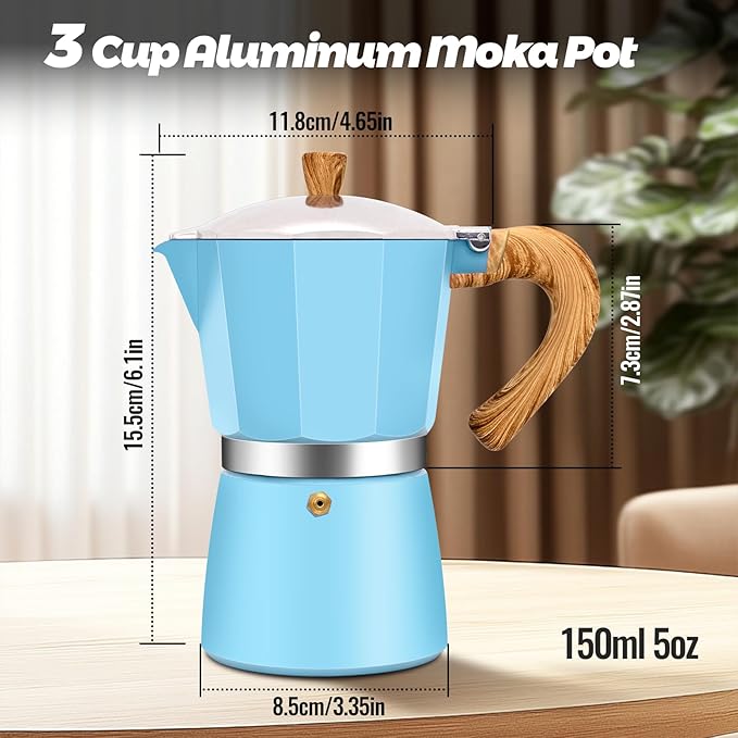 Vaolvpant 3 Cup Aluminum Moka Pot Classic Stovetop Espresso Coffee Maker 150ml 5oz Coffeemaker Percolator Mocha Pot Greca Coffee Maker Cafe Makers for Italian and Cuban Café Brewing Blue