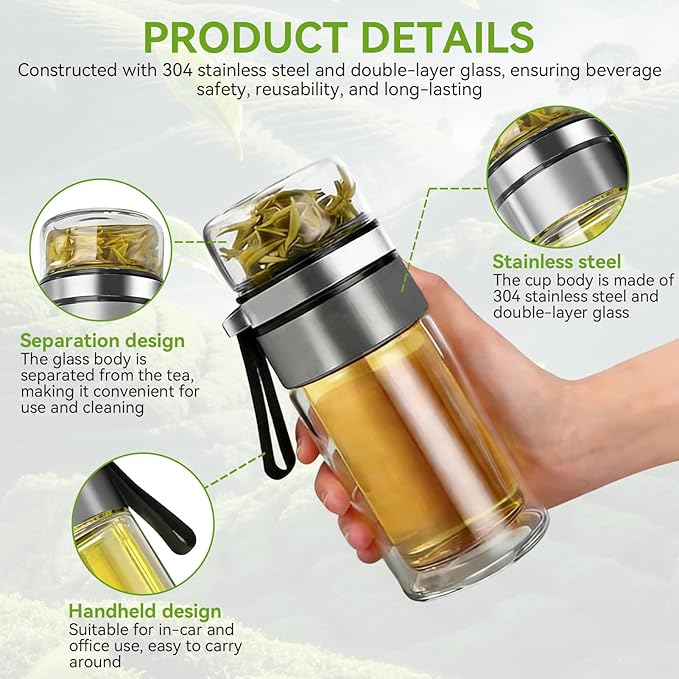 Tea Infuser Bottle, Glass Tea Infuser Bottle Double Wall Portable Tumbler Mug Travel Tumbler Mug Men (Steel Color)
