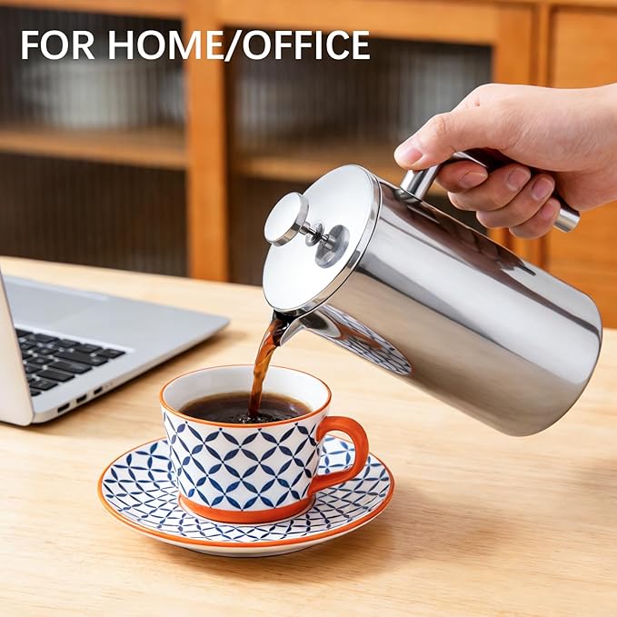 CAOANTRY French Press Coffee Maker, 304 Grade Stainless Steel French Press with 2 Extra Filters for Home, Office, Travel, Camping - 34OZ/1 Litre (Sliver)