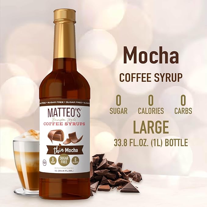 Matteo's Mocha Syrup for Coffee, Lattes, Cappuccinos & Desserts – Sugar-Free Sweetener for Beverages, Keto Friendly, Zero Calories, Indulgent Flavor, Non-Alcoholic, Ideal for Hot Drinks 33.8oz (1pk)