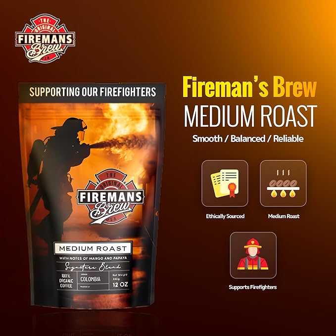 Firemans Brew Medium Roast Coffee – Bold & Robust Ground Coffee – 100% Arabica Beans, Rich, Full-Bodied Flavor – Freshly Roasted Gourmet Coffee – Low Acid, Small Batch Coffee – Supports Firefighter Causes