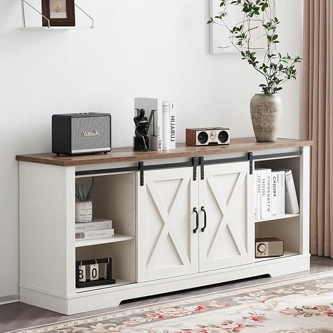 AMERLIFE 4-Piece Farmhouse Table Set Includes Sliding Barn Door TV Stand, Coffee Table& Two End Tables, Side Table with Charging Station and USB Ports, for Living Room, Distressed White, 66"
