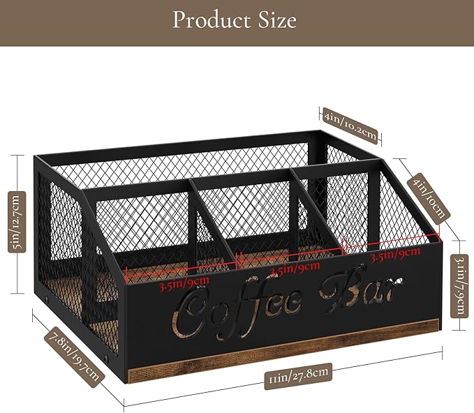 BCOZLUX Coffee Station Organizer, Rustic Brown Wooden Countertop Coffee Bar Accessories Organizer with Metal Mesh Compartments for Pods, Syrup, Cups, Stirrer, Tea