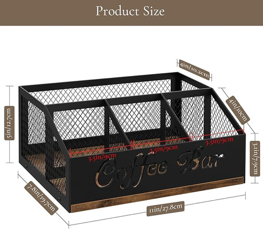 BCOZLUX Coffee Station Organizer, Rustic Brown Wooden Countertop Coffee Bar Accessories Organizer with Metal Mesh Compartments for Pods, Syrup, Cups, Stirrer, Tea