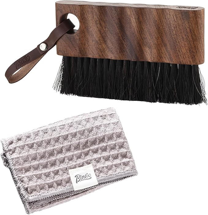 Bincoo Coffee Brush with Cleaning Cloth - Wooden Handle Cleaning Brush for Grinders, Espresso Machines & Countertops, Reusable Barista Tool with Hanging Hook for Coffee Grounds Removal