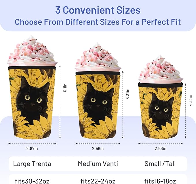 Iced Coffee Sleeve Reusable Cup Sleeves for Cold Drinks Neoprene Koozie Cozy Plastic Cup Covers for Drinks, Sunflower Cat