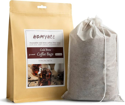 HOMYHEE Disposable Cold Brew Coffee Filters - 50 Count Single Use Filter Sock Packs Fine Mesh Brewing Bags for Concentrate, Iced Coffee Maker, French/Cold Press Kit, Tea in Mason Jar, 8 x 12 Inches