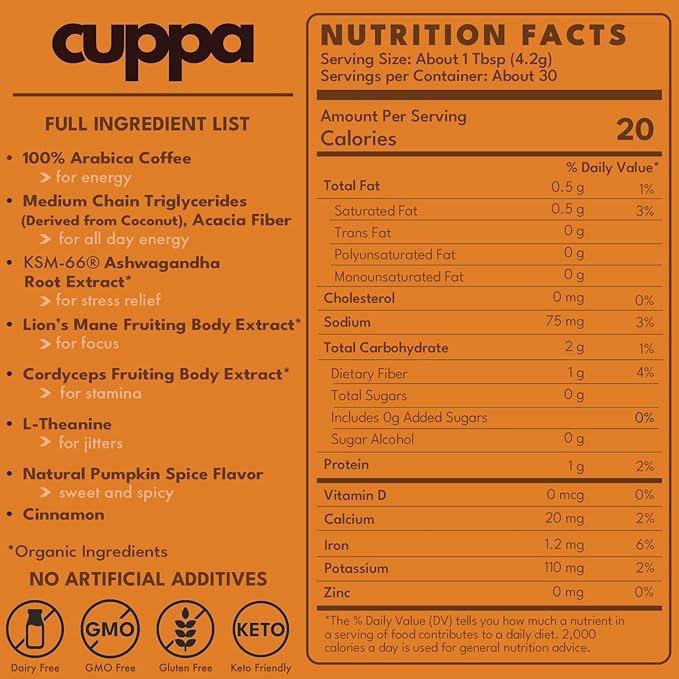 Cuppa Pumpkin Spice Mushroom Coffee with Adaptogens & Superfoods - Lion’s Mane, Ashwagandha & Cordyceps. Adaptogens + MCT to support natural energy, mental focus & gut health (30 Servings)