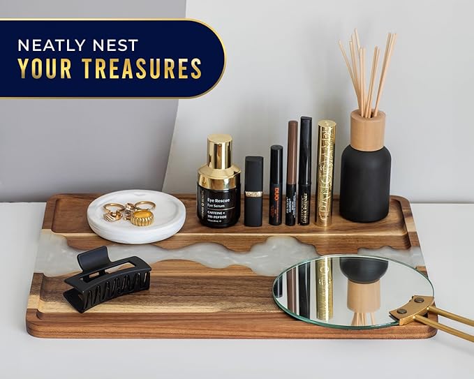 Comfify Visually Stunning Pearl White Resin + Acacia Wood Serving Tray - Modern 12x16 Serving Tray for Food, Breakfast in Bed, Coffee Table, Decor, Organization, Snacks, Patio, Lap Tray