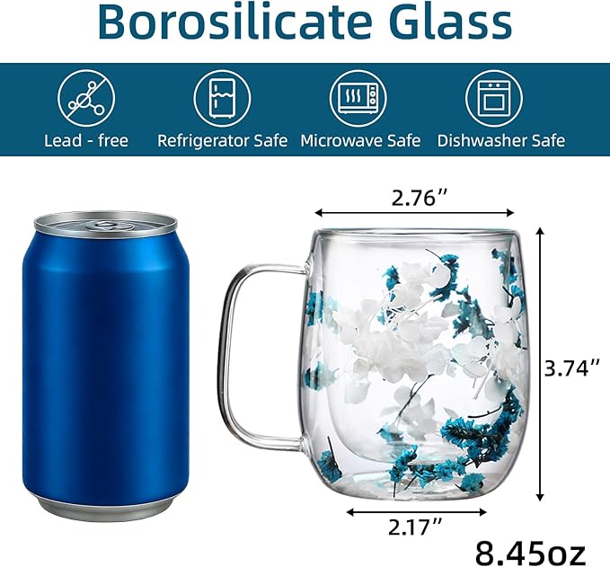 Dried Flowers Double Wall Insulated Coffee Mug, Borosilicate Glass Tea Cup with Real Flower Embedded, Heat Resistant Handle for Valentine's Day Birthday Gifts (blue,8.45oz)