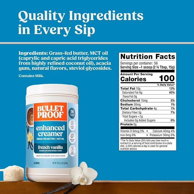 Bulletproof French Vanilla Creamer, 29.6 Ounces, Keto Coffee Creamer with MCT Oil and Grass-Fed Butter, Value Offering, Packaging May Vary