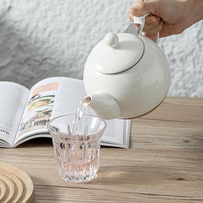 HVH 34 oz Porcelain Teapot with Stainless Steel Infuser, Ceramic Tea pot with Infuser for Loose Tea, Enough For 6 Cups, High Tea Series, Farmhouse Style (White)