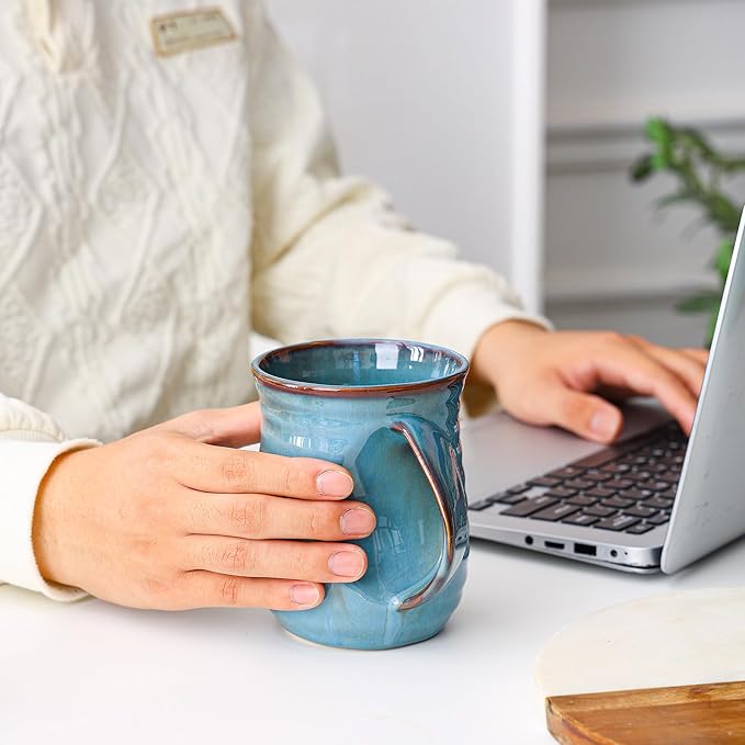 Mkour 21oz Large Ceramic Coffee Mugs, Handmade Tea Cups with Comfortable Handle for Office and Home, Microwave and Dishwasher Safe (Blue)