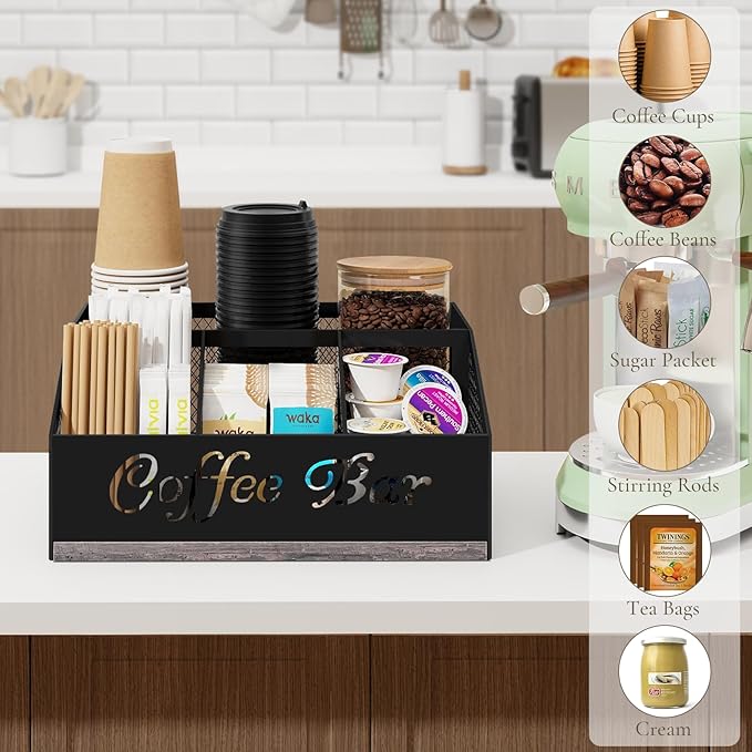 BCOZLUX Coffee Bar Organizer for Countertop, Wooden Counter Station Organizer with Metal Mesh Basket, Coffee Bar Accessories Decor for Pods Condiment Syrup Tea Sugar, Gray