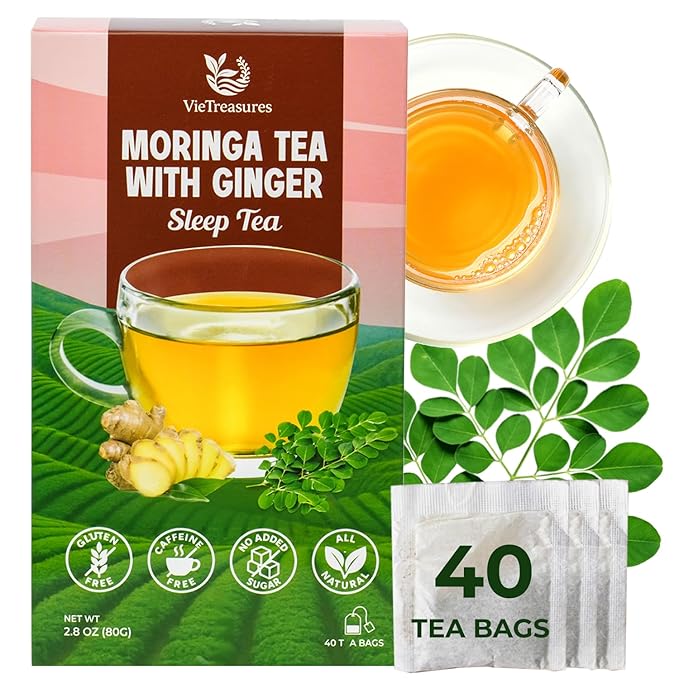 VieTreasures Sleep Herbal Tea with Moringa & Ginger – 40 Tea Bags | Supports Relaxation, Digestion & Wellness | Sophora, Pagoda Flower & Stevia Blend | Caffeine-Free Sleep & Detox Tea, 2.8oz