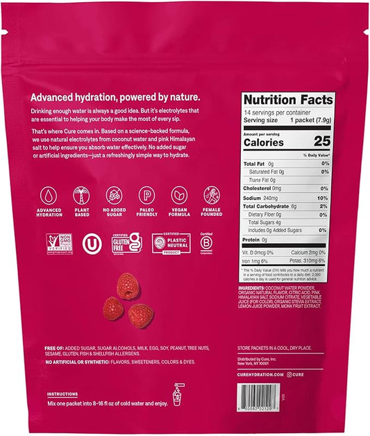 Cure Hydration | Plant-Based Electrolyte Drink Mix | No Added Sugar | Dehydration Relief Powder Made with Coconut Water | Non-GMO | Vegan | Pouch of 14 Packets - Raspberry